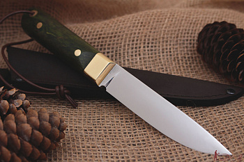 Кованый нож фултанг Bohler K 340, рукоять зеленая карельская береза.